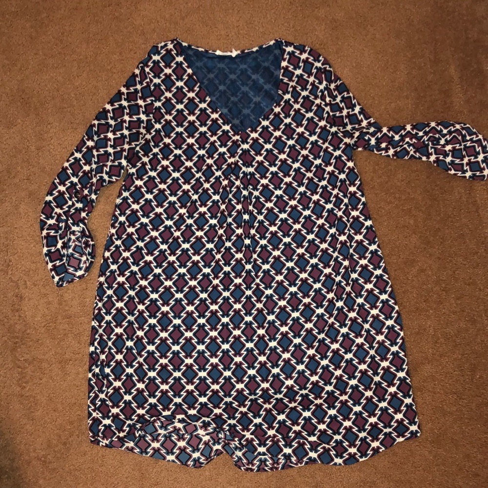 Lush Geometric Long Sleeve Dress - Blue and White